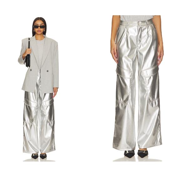 AFRM Pants - AFRM Faux Leather Wynn Cargo Pants in Silver Metallic